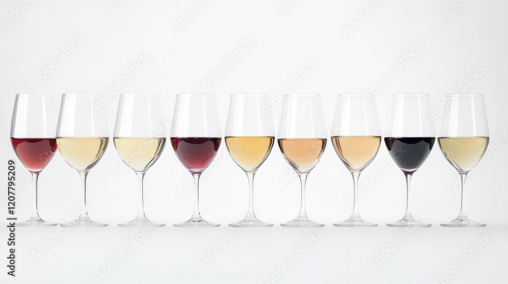 Poster collection of wine glasses with various types of wine arranged in a row on a white background with c