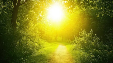 Obraz premium Sunlit Forest Pathway with Green Foliage and Bright Sunlight Creating a Warm Atmosphere Copy Space