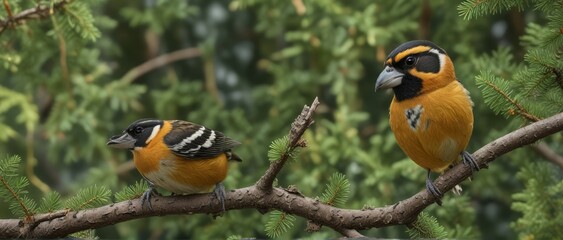 Naklejka premium Black-headed grosbeak perched on a branch with coniferous trees in the background , western oregon, black headed grosbeak, coniferous trees