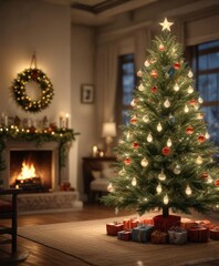 Christmas Eve tree twinkling lights ornaments sparkling festive atmosphere, decorated branches, tree