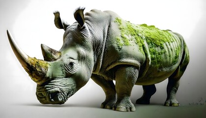 Fototapeta premium Nature-Inspired Rhino with Green Moss on Horn and Back