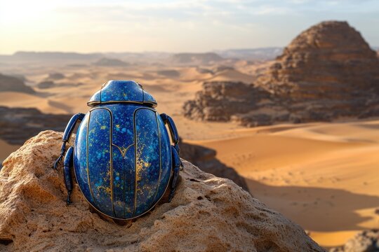 A blue scarab beetle with gold accents rests on a rock in a desert landscape, pyramids in the background.