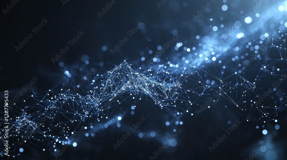 Poster a digital abstract backdrop with a geometric design of luminous blue and white lines against a dark 