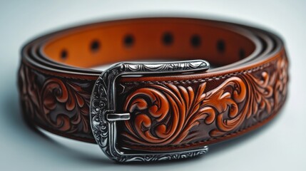 Handcrafted leather belt with intricate floral design displayed on wooden surface