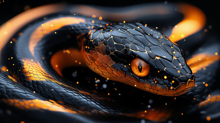 Black snake with glowing orange details against dark background with sparks creating mystical atmosphere. Digital art and fantasy concept