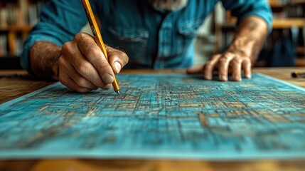 Obraz premium Man sketching blueprint, home office, bookshelf background, design work