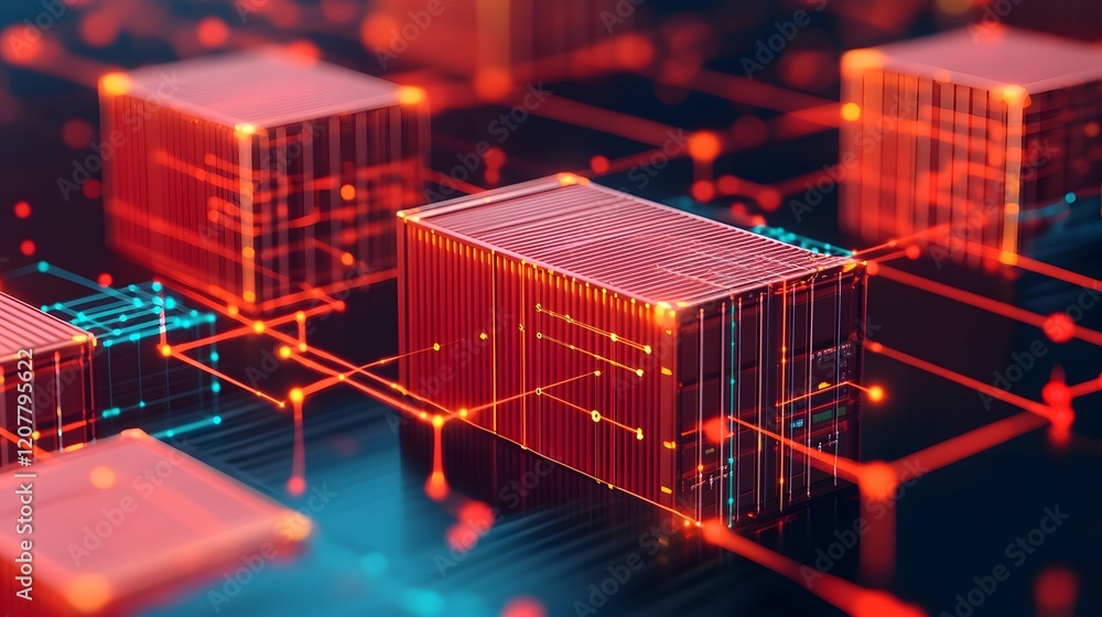 Poster cargo containers connected by glowing lines in network visualization