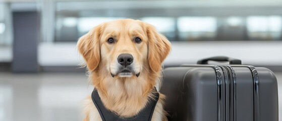 A golden retriever sits beside a suitcase in an airport, showcasing the bond between pets and travel.