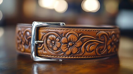 Handcrafted leather belt with intricate floral design displayed on wooden surface