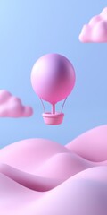 Naklejka premium A whimsical pink hot air balloon floats above soft pastel clouds and mountains.
