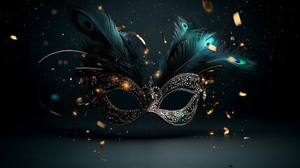 Elegant peacock feather masquerade mask, dark background, glittering confetti, party celebration