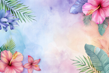 Tropical watercolor background with hibiscus flowers and palm leaves in soft pastel tones