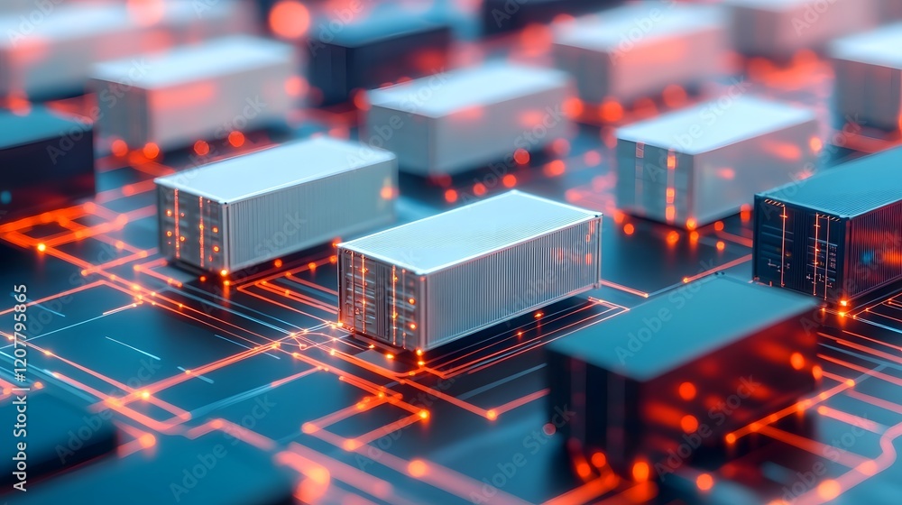 Aufkleber simplified cargo boxes linked by glowing network paths showcasing tracking and management focus in