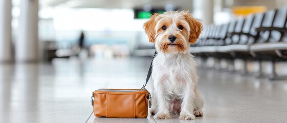 A small dog sits beside a brown bag in a spacious airport terminal, showcasing a calm demeanor amid the travel hustle.