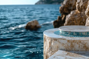 Naklejka premium A beautifully designed stone structure with a mosaic pool edge provides captivating views of the shimmering sea and rocky shoreline under bright sunlight.