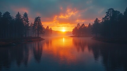 Obraz premium Misty sunrise over boreal lake, reflecting fiery sky