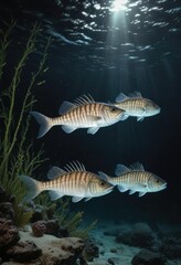 Fototapeta premium Bioluminescent Bonefish with Glowing Tails in Dark Waters, dark waters, glowing tails, underwater landscape