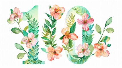 Vintage Floral Design of Number 0 with Watercolor Flowers