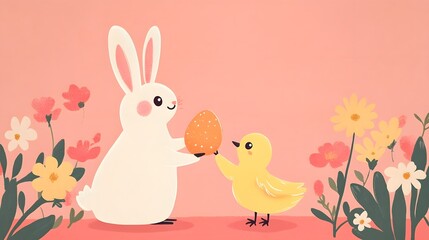 Friendly Bunny Handing Egg to Chirping Chick Amid Spring Blossoms