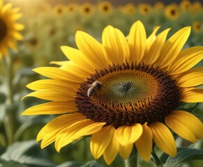 Fototapeta premium Bee gathering pollen on the vibrant yellow petals of a sunflower in a field, sunflower, yellow, pollination