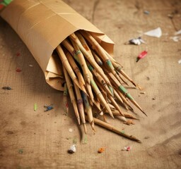 Broken bamboo toothpick sticks out from a ripped paper bag, bamboo wood, forest floor