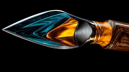 Elegant teal and gold knife, close-up, dark background, for luxury product advertising