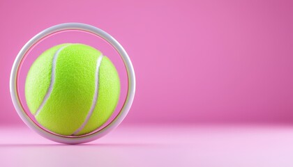 Bright green tennis ball in a ring on a pink background, perfect for sports imagery.