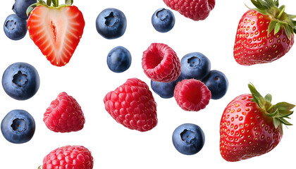 assorted berries mockup with strawberries, blueberries, and raspberries, multiple angles, transparent background