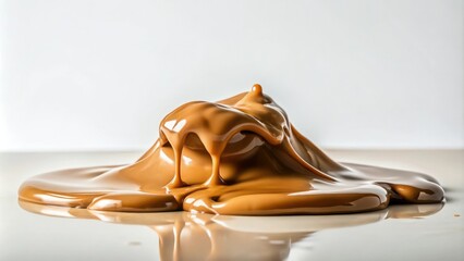 Brown dripping slime on a white surface with an isolated brown object nearby, close-up, dirty, goo, messy, brown slime