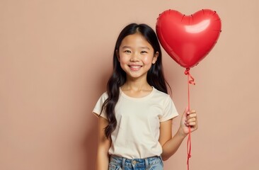 Portrait of cute asian girl with long hair holding heart shaped balloon on brown background. Perfect for valentine's day greetings. Space for text