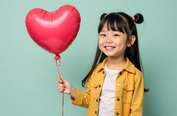 Portrait of cute asian girl in yellow shirt and long hair holding heart shaped balloon on green background. Perfect for valentine's day greetings. Copyspace
