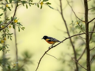 bullocks oriole in southeastern idaho forest, birdlife, trees