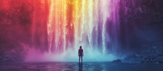 Surreal Waterfall Landscape with Silhouetted Figure in Colorful Fantasy Dreamscape   Mysterious Digital Evoking Emotion Imagination and a Sense of Solitary Adventure