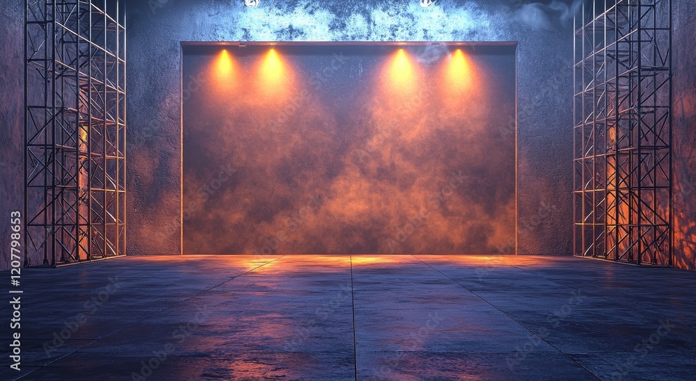 Poster A stock image of a talk show set features a dark background with scaffolding visible through a hint of light, a platform at the front illuminated by a warm spotlight.
