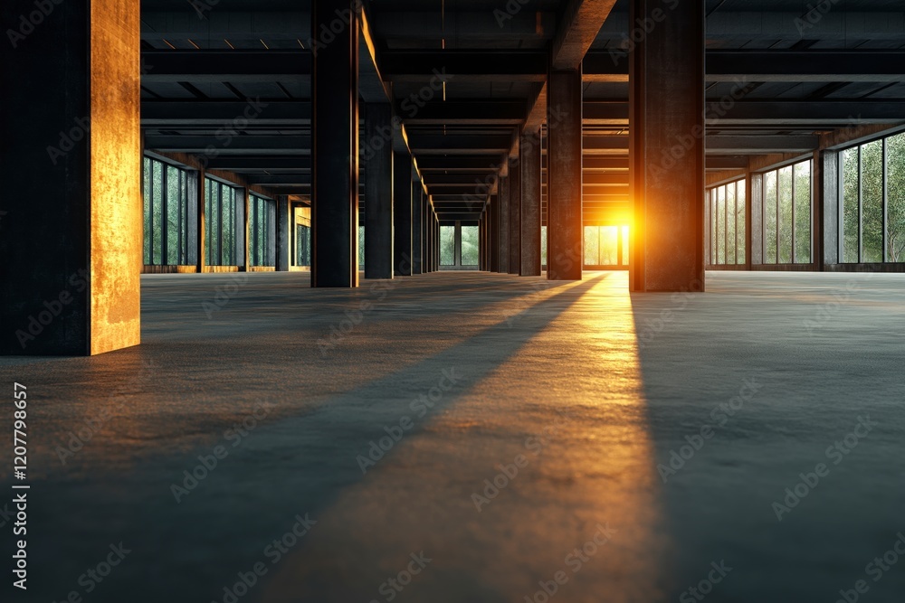 Poster sunlight streaming through windows in empty industrial space with concrete floor and steel columns