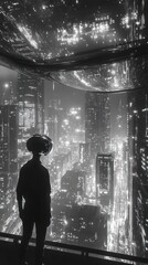 Futuristic Night Cityscape with Illuminated Skyscrapers and Glowing Lights  Dramatic urban landscape with modern architecture towering buildings