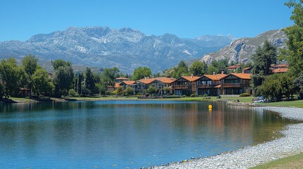 Mountain lakefront homes, summer, scenic view, tranquil