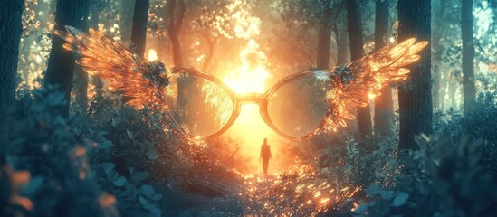 Ethereal winged creature emerges from an enchanted glowing forest landscape creating a captivating and mesmerizing fantastical scene  The image exudes a sense of mystery wonder and the supernatural