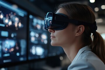 A woman with a VR headset oversees a sophisticated virtual reality interface, symbolizing the integration of advanced technology into daily life and the progression of interactive media.