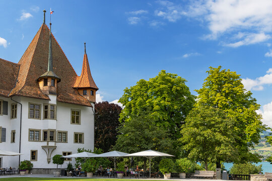 Cafe in grounds of Spiez Castle, Spiez, Canton of Bern, Switzerland