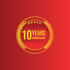 Ten year anniversary royalty free vector background with golden badges