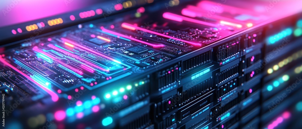 Poster futuristic data server with vibrant neon lights in a tech environment