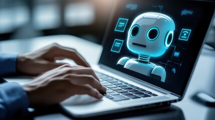 A close-up view of a man's hands typing on a sleek laptop, with holographic AI-related graphics.