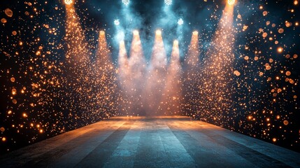 Fototapeta premium A lengthy, vacant runway illuminated by overhead white spotlights. The setting is prepared for a fashion show or another performance.