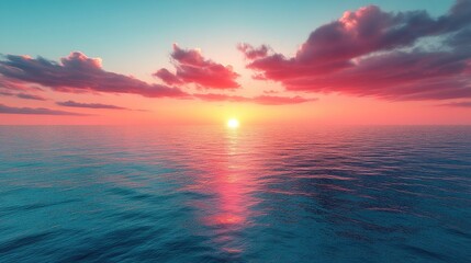 Fototapeta premium Ocean sunset, pink cloudscape, calm sea, aerial view, travel poster