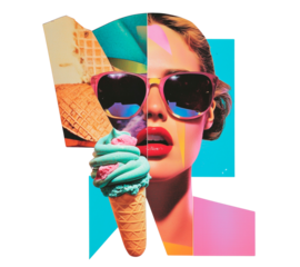 Colorful Pop Art Portrait with Ice Cream, Retro Fashion, Vintage Sunglasses, Abstract Collage, 80s Style, Bright Neon Colors, Summer Vibes, Ice Cream Cone. PNG, on transparent background.
