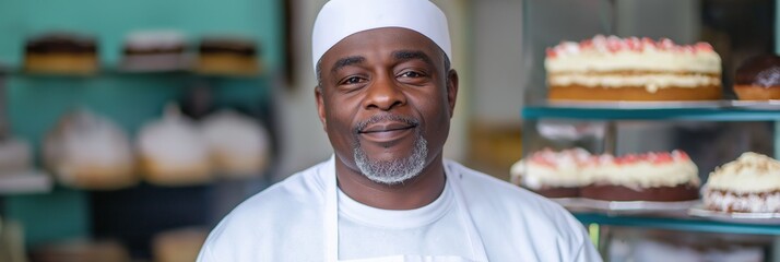 A man with a white hat stands in front of a bakery display case with cakes. He is smiling and he is proud of his work