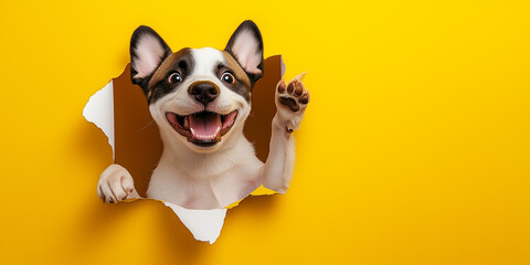 Pleased dog, laughs happily, poses in paper hole, isolated on yellow background.