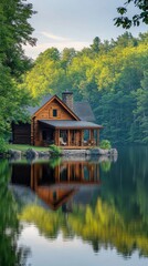 Fototapeta premium Cozy wooden cabin by the lake surrounded by mountains and trees during sunset in a serene landscape