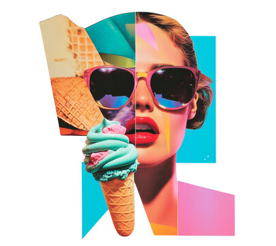 Colorful Pop Art Portrait with Ice Cream, Retro Fashion, Vintage Sunglasses, Abstract Collage, 80s Style, Bright Neon Colors, Summer Vibes, Ice Cream Cone. PNG, on transparent background.